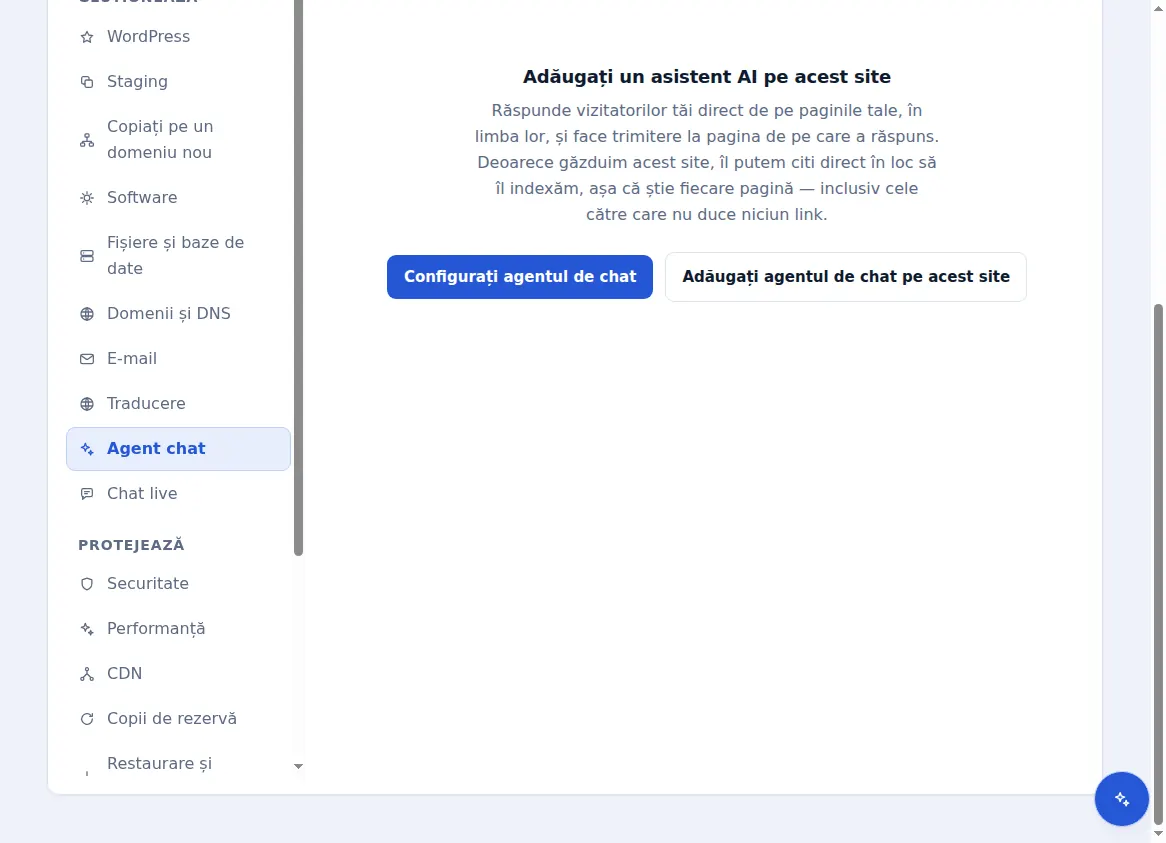 Fila agentului de chat pentru un site găzduit, care oferă adăugarea unui asistent de inteligență artificială pe acesta