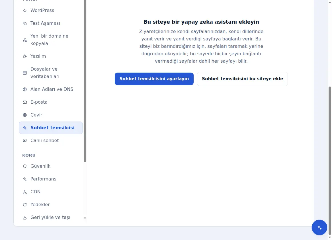 Barındırılan bir site için sohbet temsilcisi sekmesi, siteye bir yapay zekâ asistanı eklemeyi öneriyor