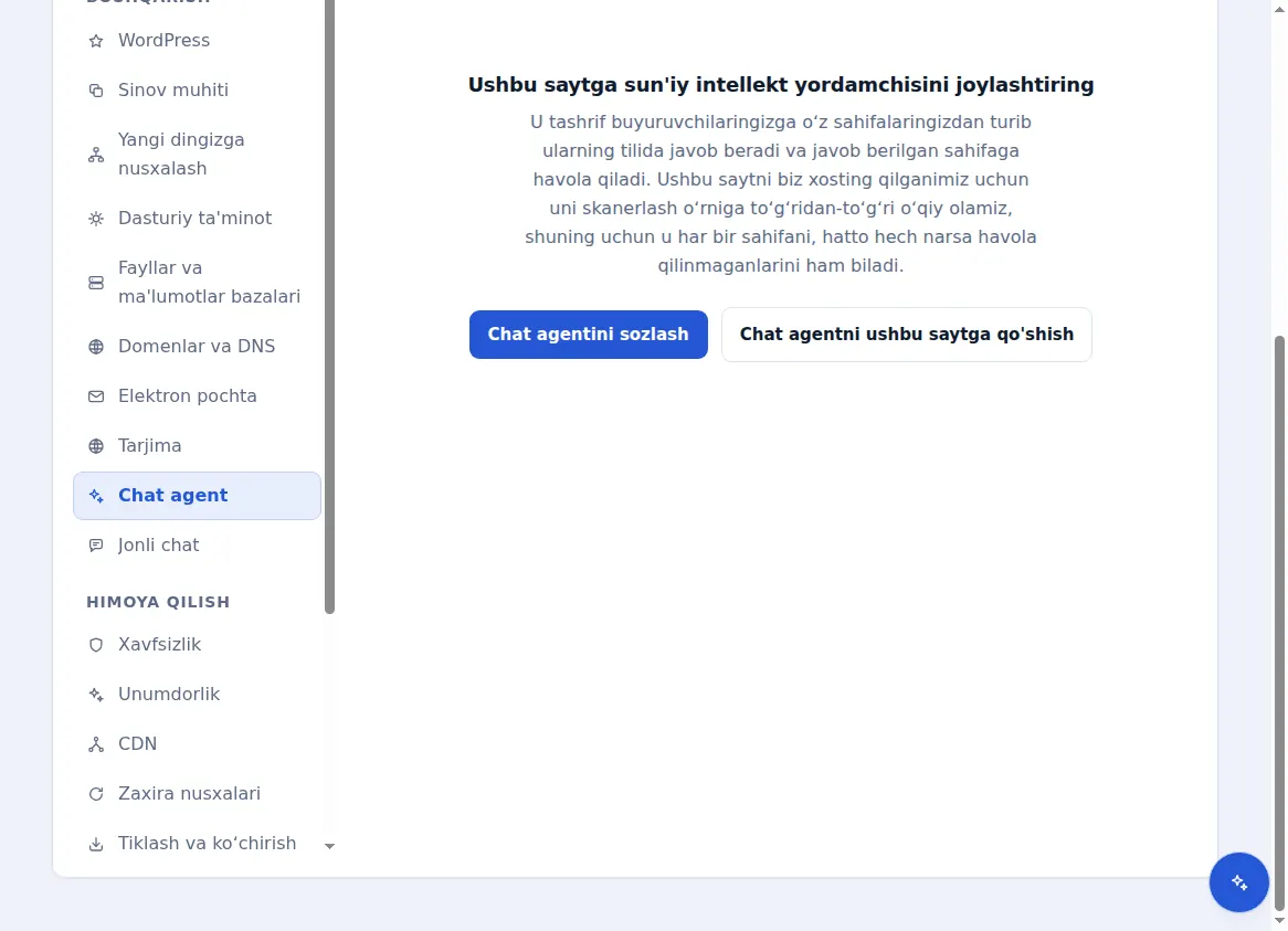 Xosting qilingan sayt uchun chat agenti varagʻi, unga sunʼiy intellekt yordamchisini joylashtirishni taklif qiladi