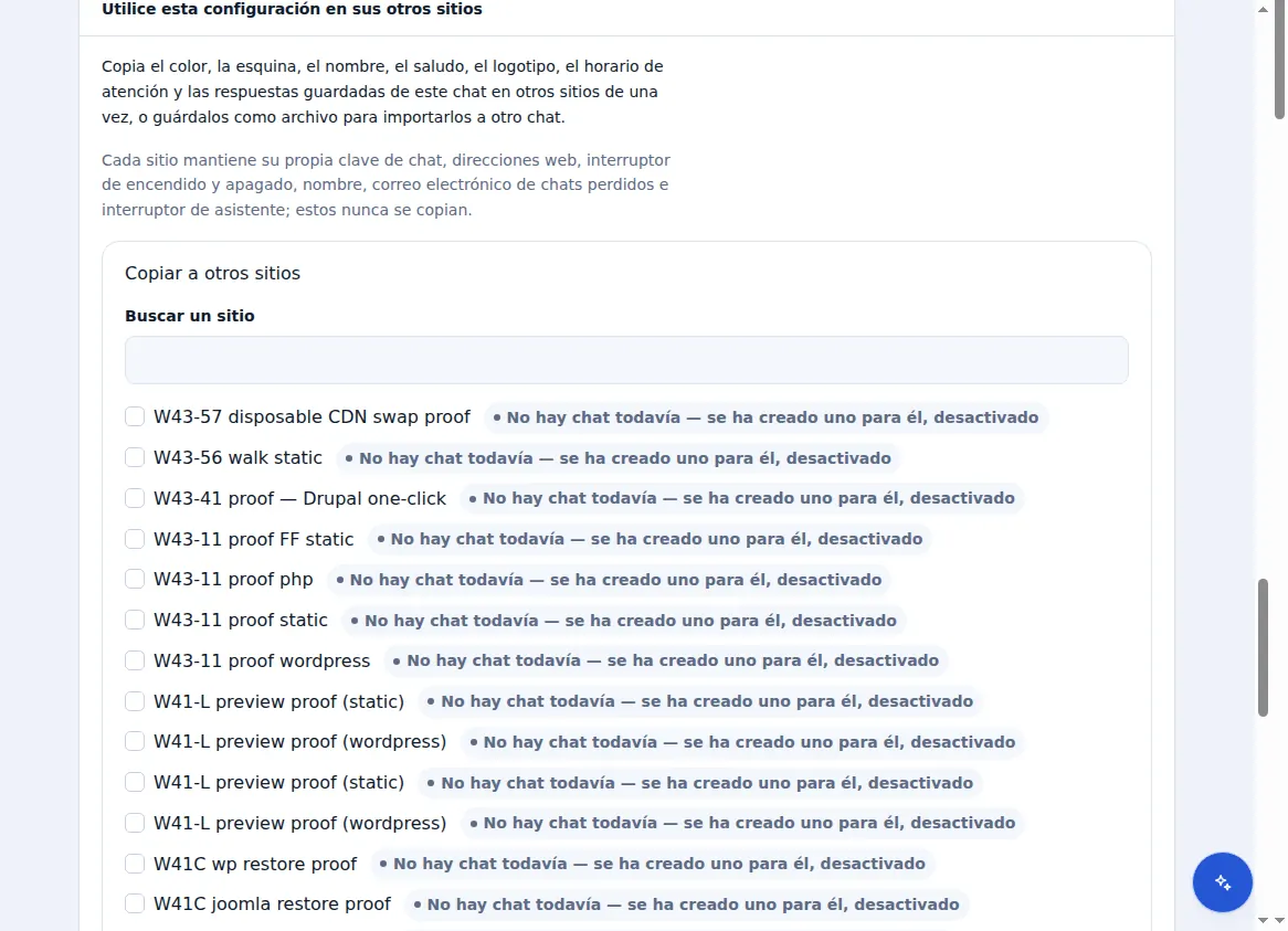 Uso de la configuración de un chat en otros sitios: qué se copia y qué nunca se copia