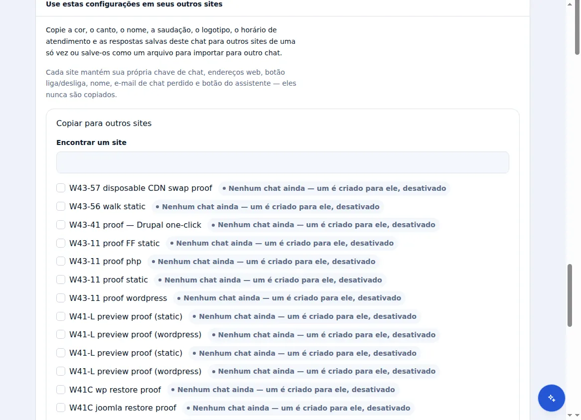 Usar as configurações de um chat em outros sites: o que é copiado e o que nunca é