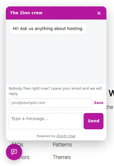 The chat open on a WordPress site: the greeting, a place to leave an email when nobody is free, and the message box