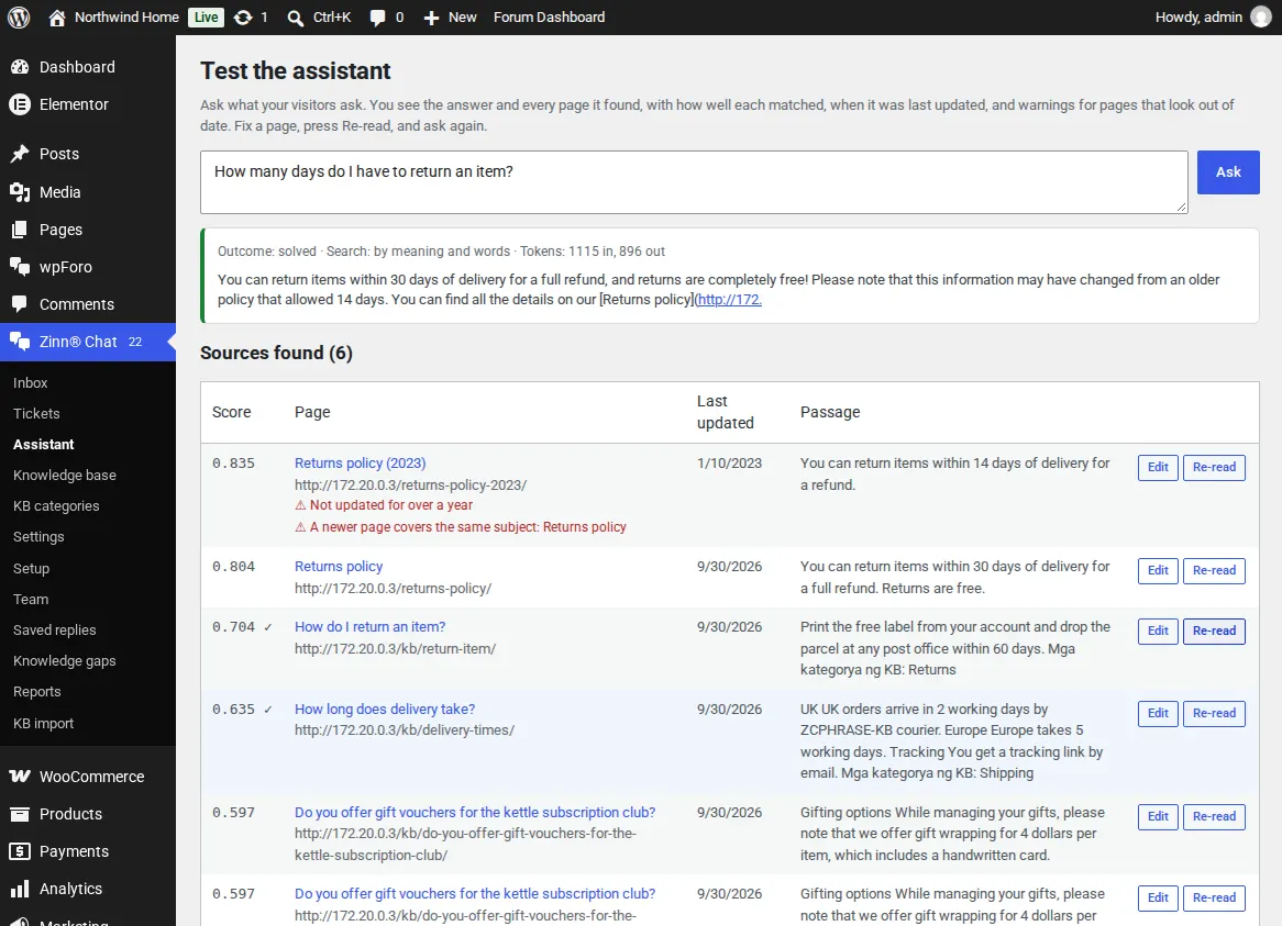 The assistant test console: an answer with every source, its score and date