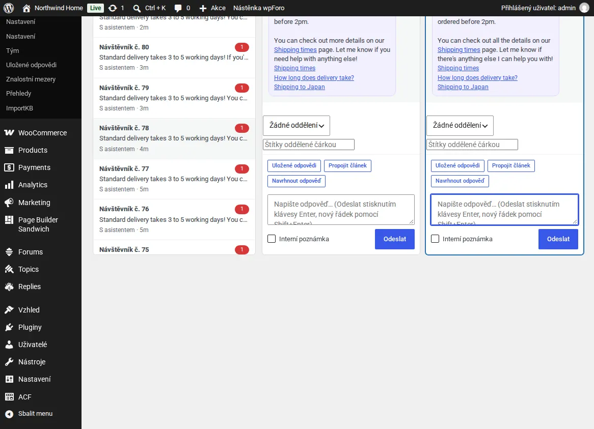 Doručená pošta ve WordPress s konverzacemi otevřenými vedle sebe