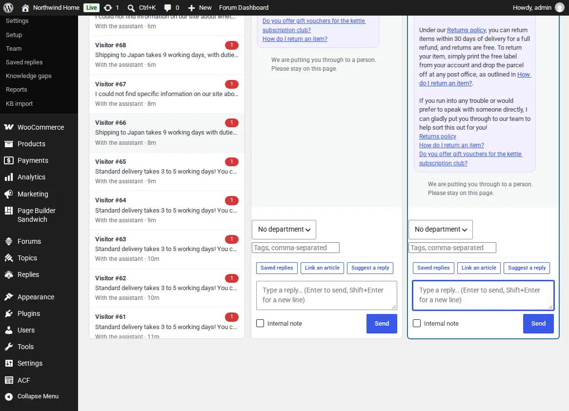 The inbox in WordPress with chats open side by side