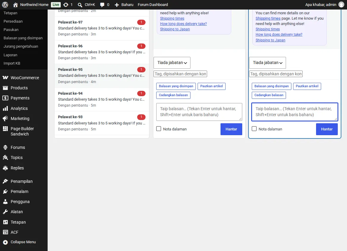 Peti masuk dalam WordPress dengan sembang dibuka bersebelahan