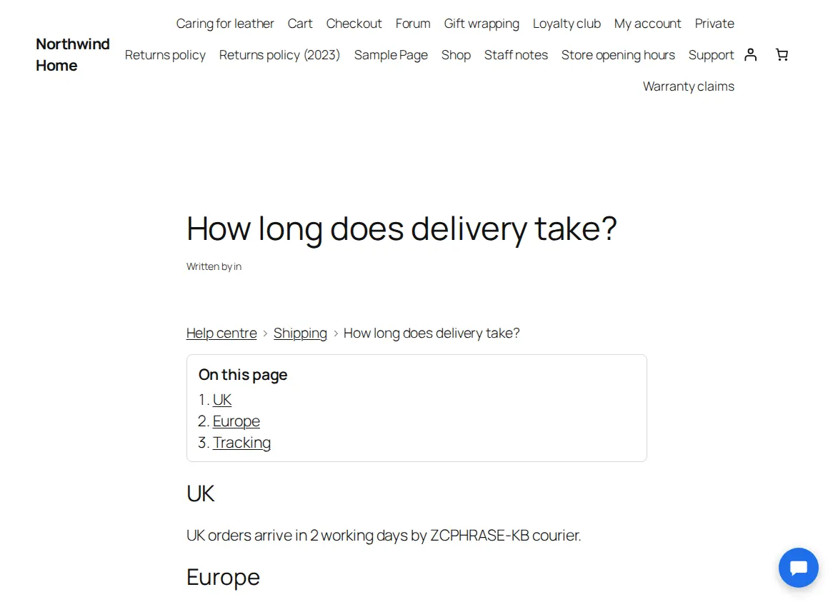 A knowledge base article with breadcrumbs and a table of contents
