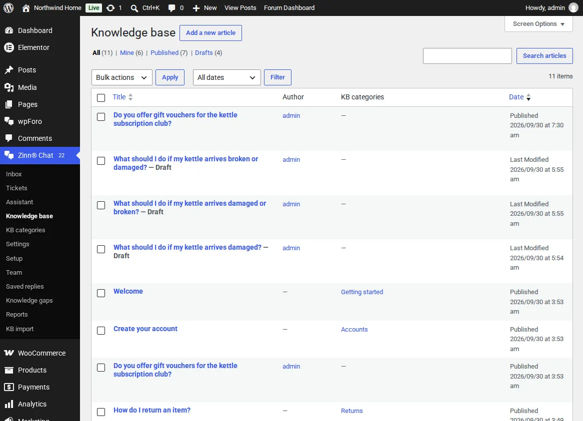 Knowledge base articles in wp-admin