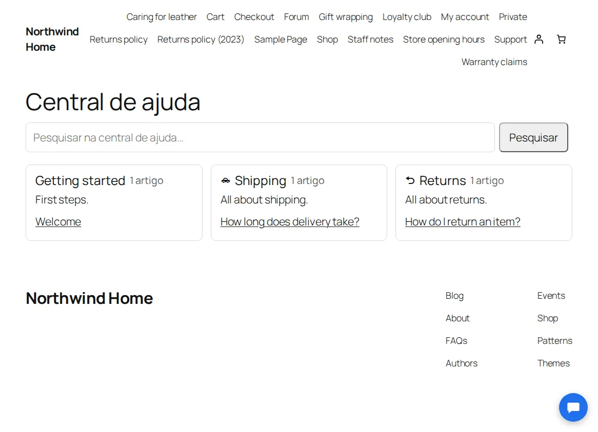 A página inicial da base de conhecimento no site