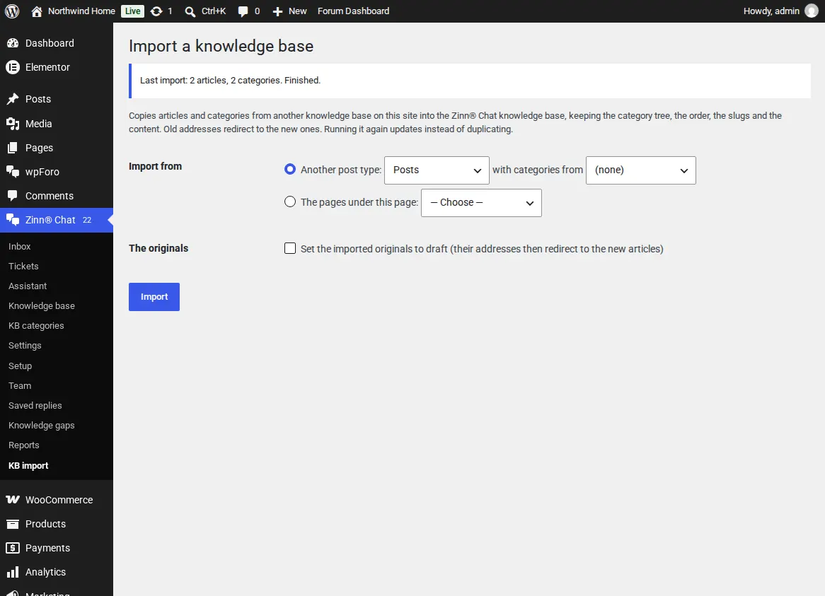 The knowledge base import screen
