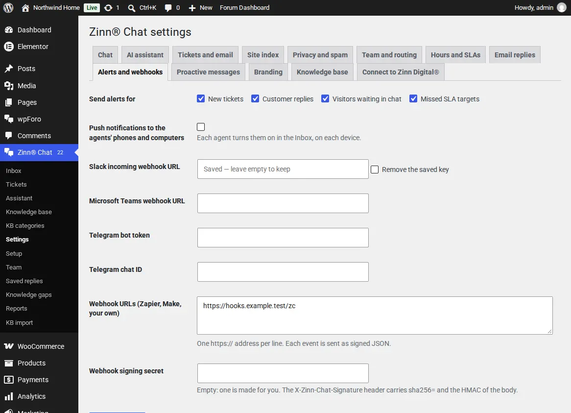 The Alerts and webhooks settings
