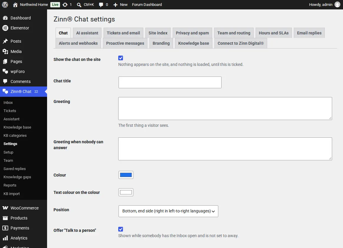 The Zinn® Chat settings screen, Chat tab