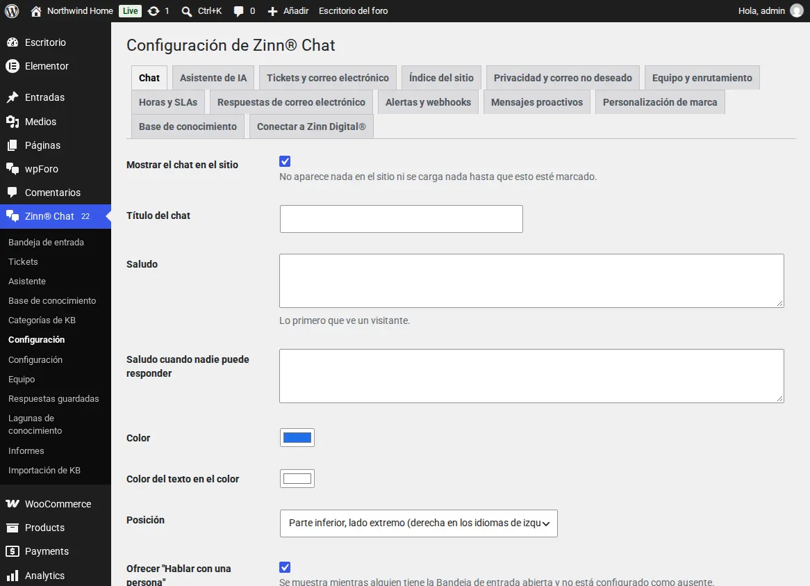 La pantalla de configuración de Zinn® Chat, pestaña Chat