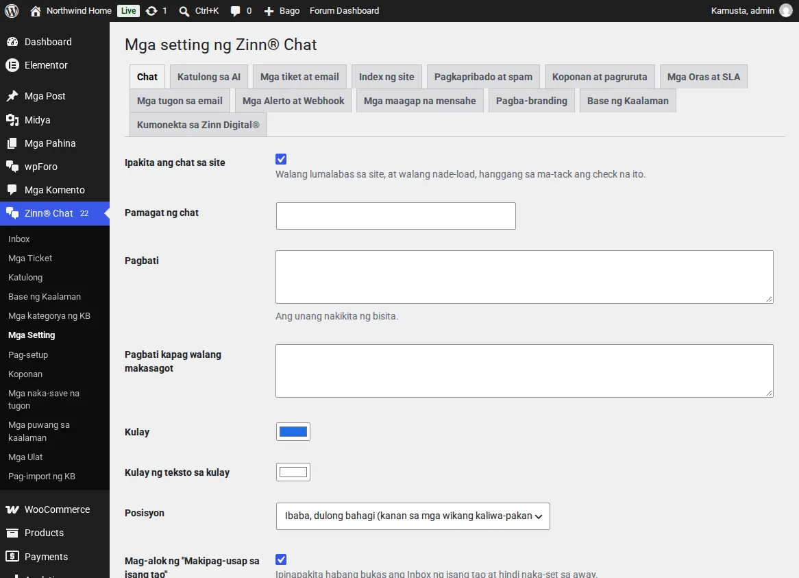 Ang screen ng mga setting ng Zinn® Chat, tab ng Chat