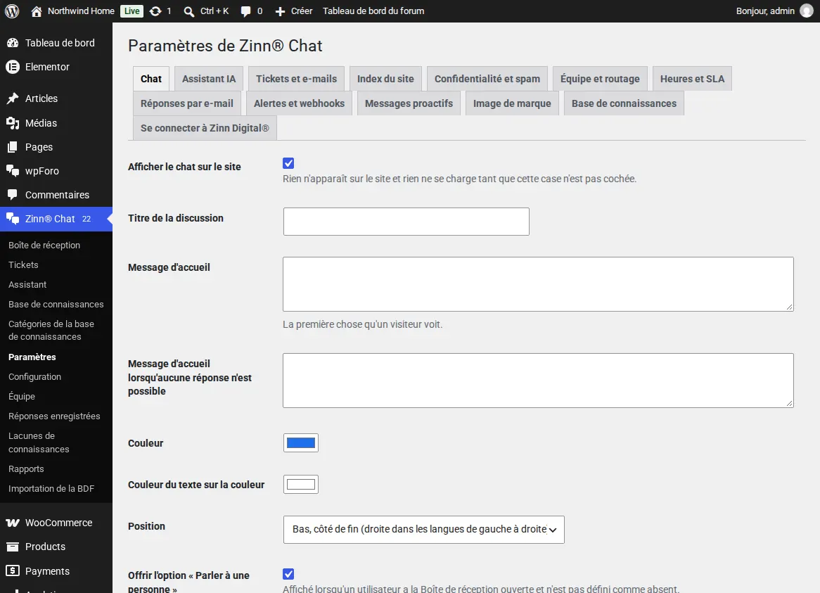 L’écran des paramètres de Zinn® Chat, onglet Chat