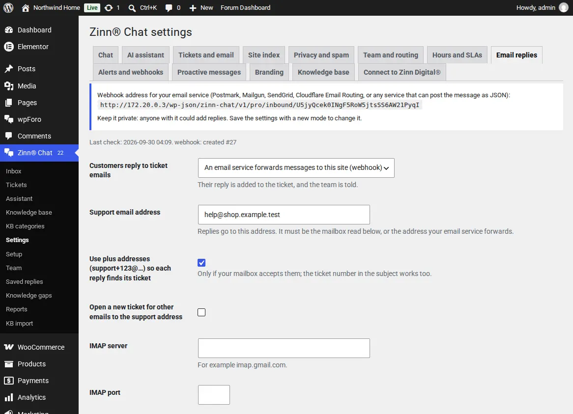 The Email replies settings