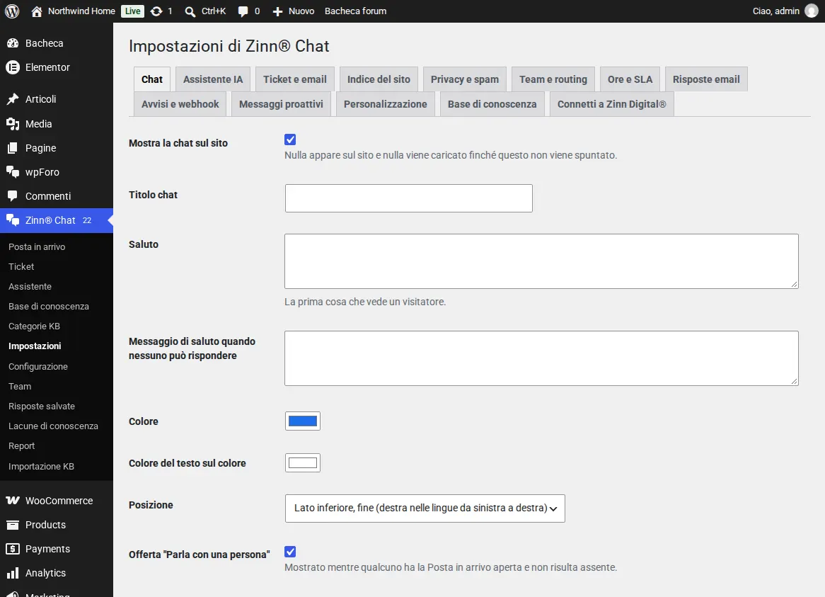 La schermata delle impostazioni di Zinn® Chat, scheda Chat