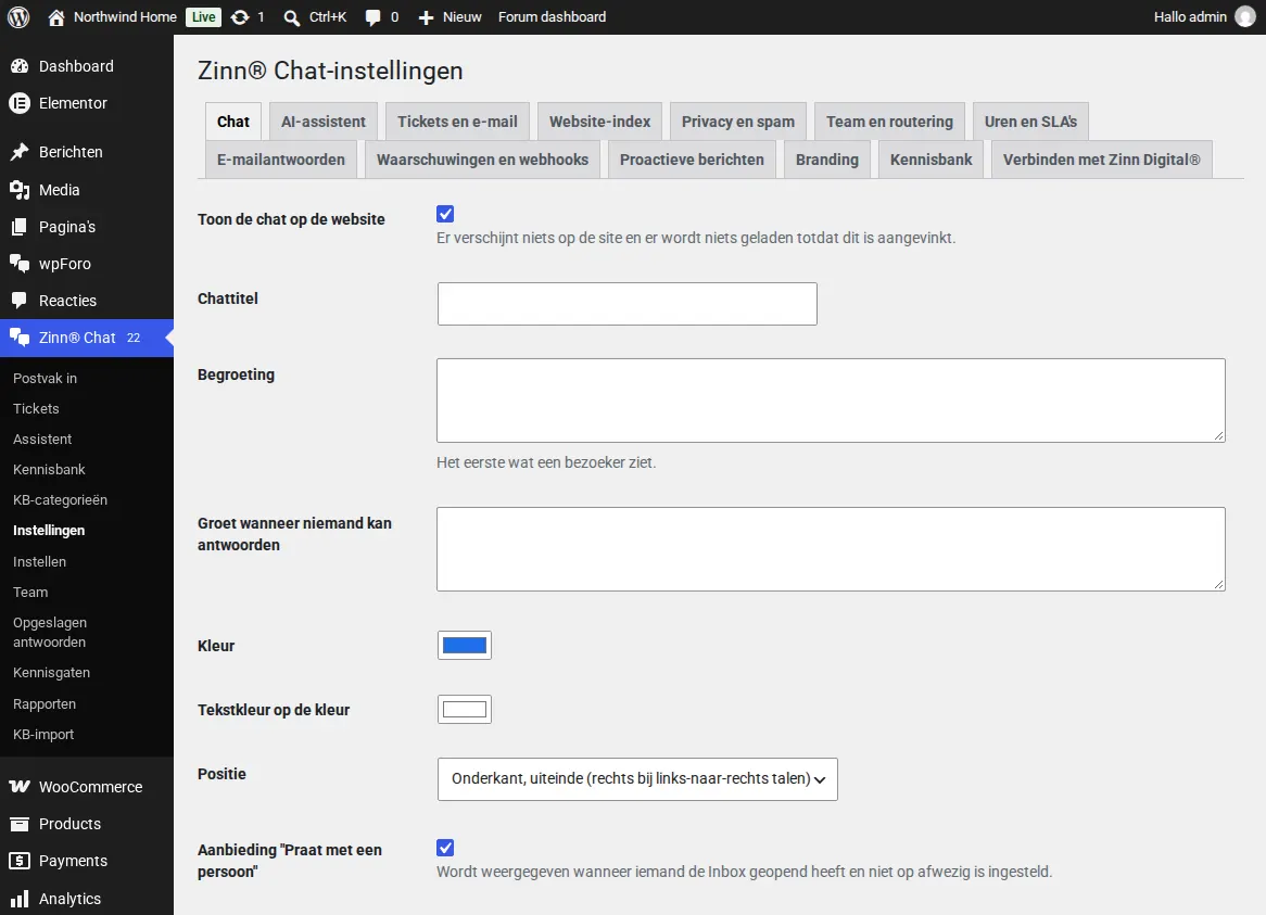 Het instellingenscherm van Zinn® Chat, tabblad Chat