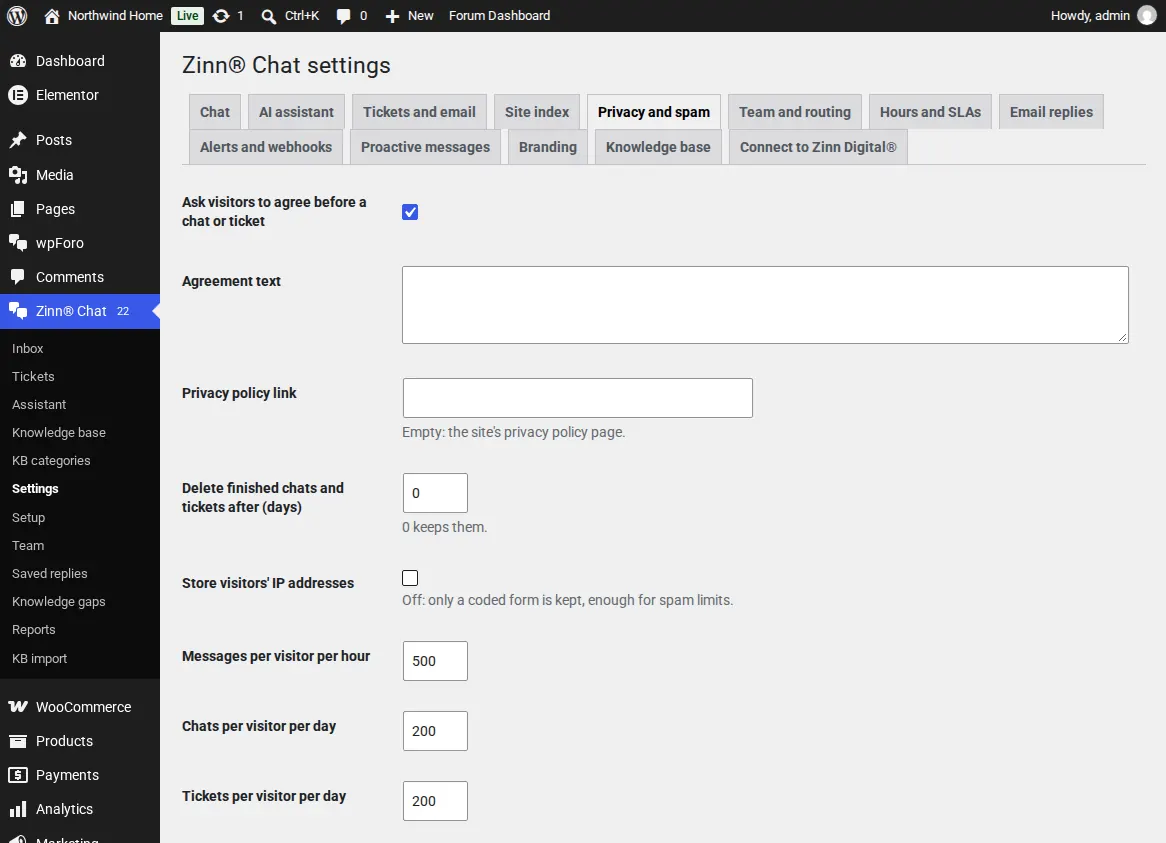 The Privacy and spam settings
