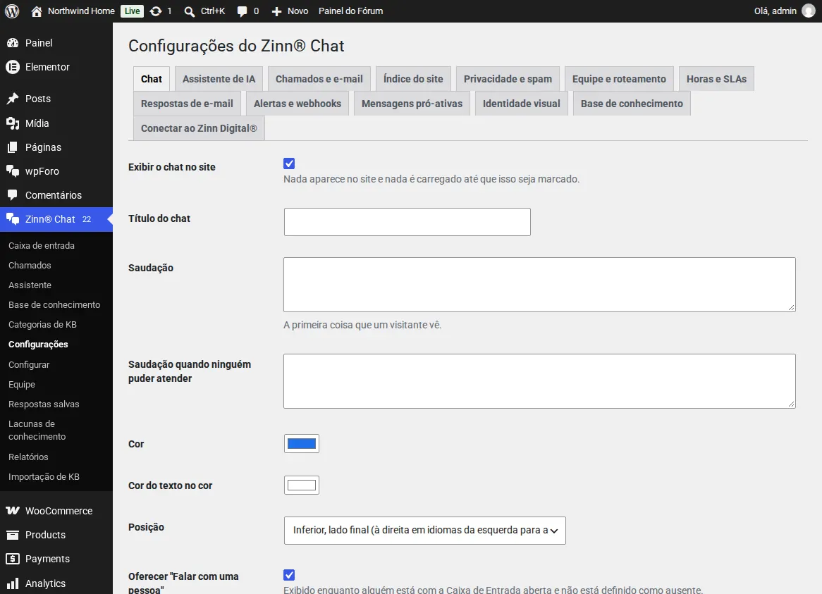 A tela de configurações do Zinn® Chat, aba Chat
