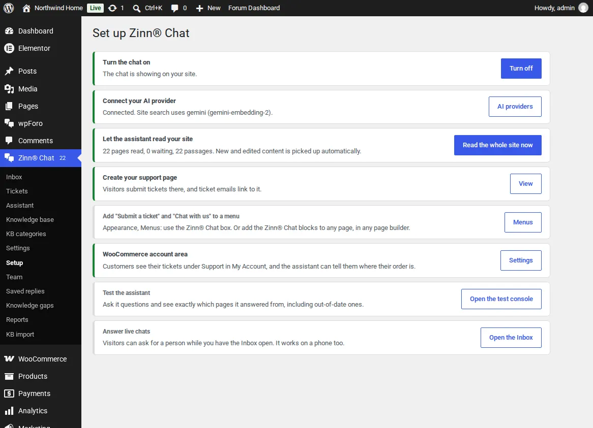 The Zinn® Chat Setup checklist in WordPress