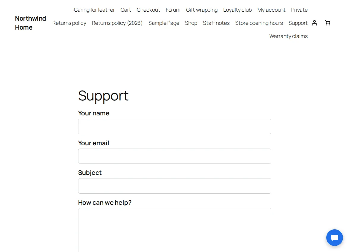 The support page on the site, with the submit-a-ticket form