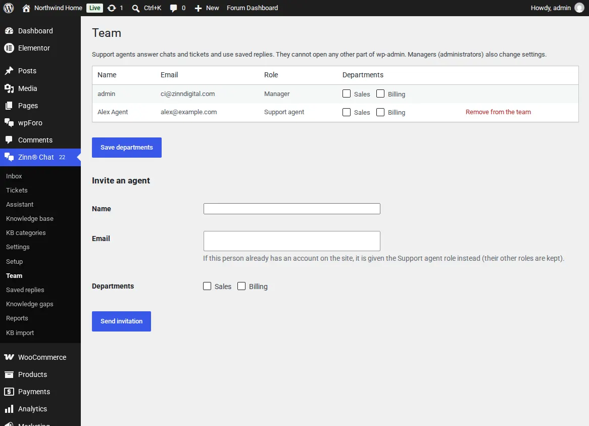 The Team screen: agents, departments and the invitation form