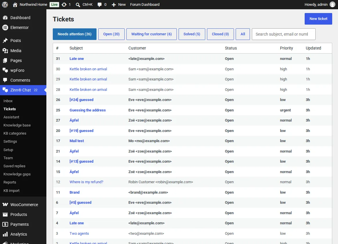 The ticket list in wp-admin