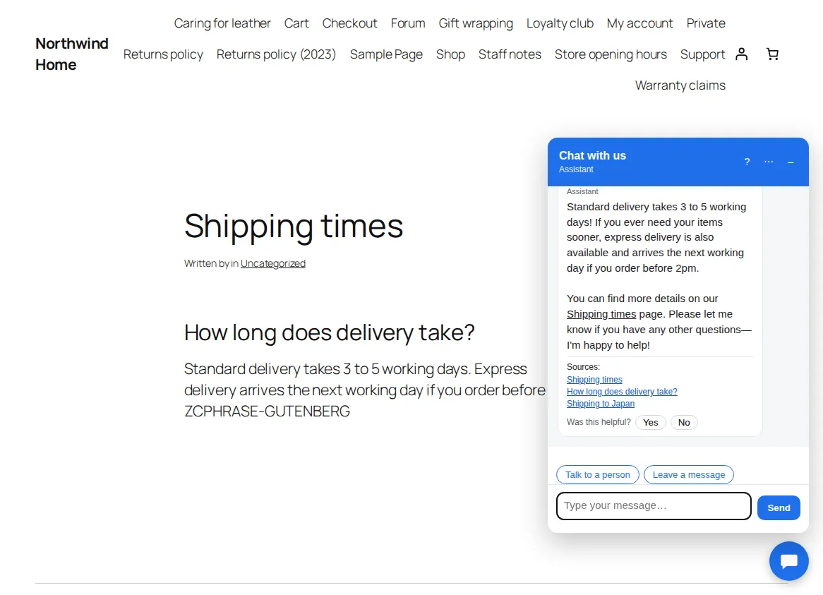 The chat window answering with a link to the page it used